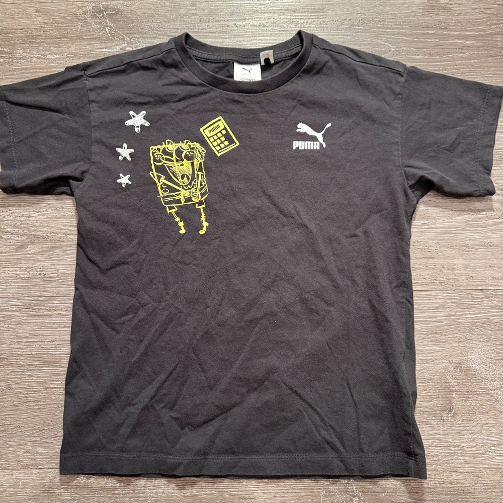 Puma SpongeBob Shirt Boys Small 9-10 Black Essential Black Puma Logo Tee Collab
